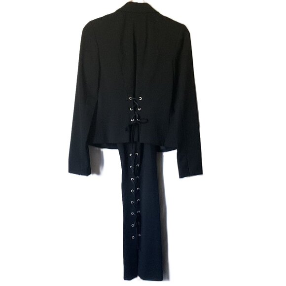 Vintage Cache Black pant suit with rhinestone grommet collar and lace up pants - Picture 2 of 8